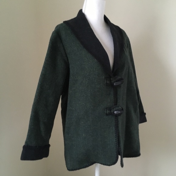 Vintage green herringbone Shawl-collar boiled wool jacket toggle closure - Picture 7 of 9